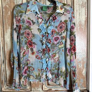Everyday Clothing 100% Silk Floral Ruffle Front Blouse L Lightweight